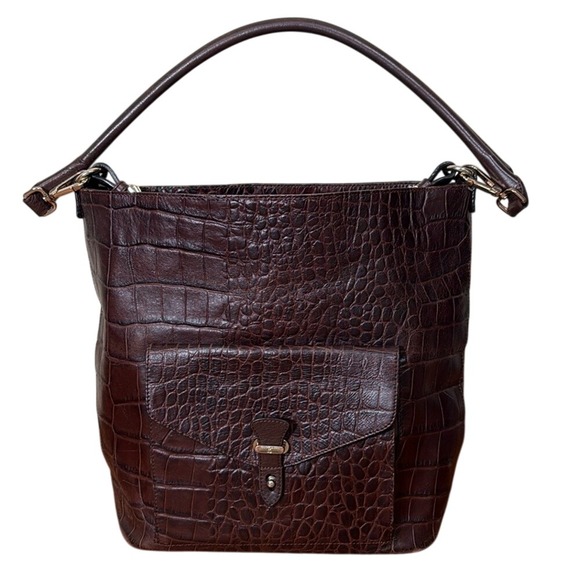 Massimo Dutti Handbags - Massimo Dutti Cinch Closure‎ Leather Shoulder Bag Crocodile Texture Brown